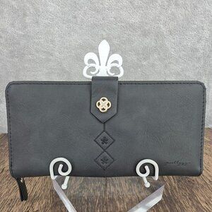 Prettyzys Faux Leather Wallet Black Gold Zip Card Slot ID Snap 2 Section Classic